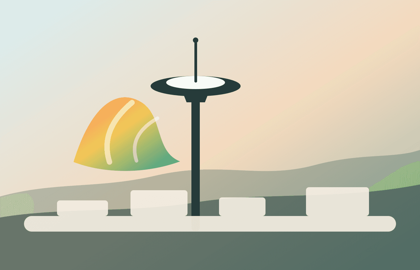 A stylized Seattle skyline with the Space Needle and colorful Chihuly-inspired glass forms.