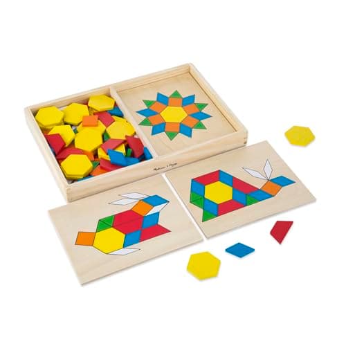 Melissa & Doug Pattern Blocks and Boards with 120 Multi-Colored Wooden Shape Tiles, 5 Double-Sided Puzzle Boards, Tangram Puzzles, Montessori Toys for Girls & Boys