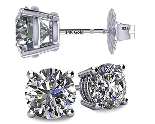 Central Diamond Center 14K Solid Gold Post & Sterling Silver Made with Swarovski 4 Prong CZ Stud Earrings - Platinum Plated - 6.50mm - 2.00cttw