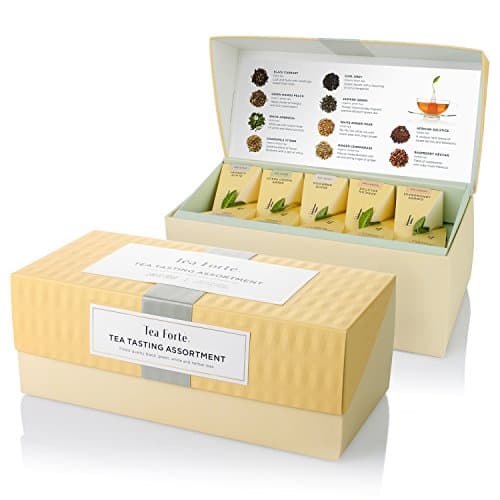 Tea Forte Tea Sampler Presentation Box, 20 Assorted Handcrafted Pyramid Tea Infuser Bags, Tea Tasting Assortment: Black, White, Green, Herbal