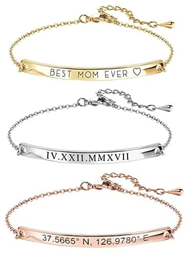 MignonandMignon Custom Name Bracelet Coordinate Engraved Bracelet for Women Gifts for Mom Gold Bar Jewelry for Teen Girls Mother in Law Graduation Gift -12BR
