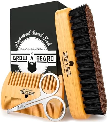 Beard Brush For Men & Beard Comb Set w/Mustache Scissors Grooming Kit, Natural Boar Bristle Brush, Dual Action Wood Comb, And Travel Bag Great For Christmas Gift