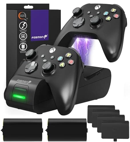 Fosmon Fast Charging Xbox Controller Charger Station for Xbox Series X | S, Xbox One, Elite w/ 2x 5280mWh Rechargeable Battery Packs, 4 Covers & Dock Stand
