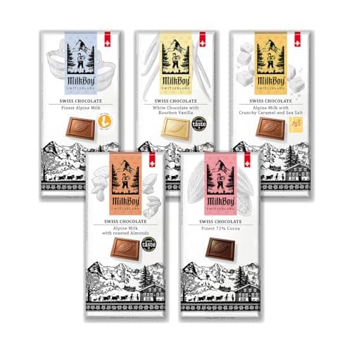 Milkboy Swiss Chocolates Gourmet Milk Chocolate Bars - Dark Chocolates - White Chocolate Bar - Premium Handmade Chocolate Variety - Kosher - GMO Free - Chocolates Candy - (Pack of 5)