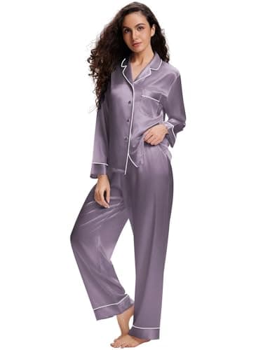 Lonxu Womens Silk Satin Pajamas Set Gray XL
