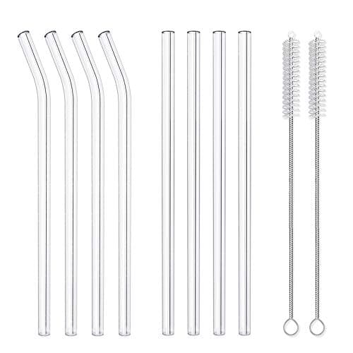 10-Piece Reusable Glass Drinking Straws - 10" x 10 mm - Smoothie Straws for Milkshakes, Frozen Drinks, Smoothies, Bubble Tea - Environmentally Friendly
