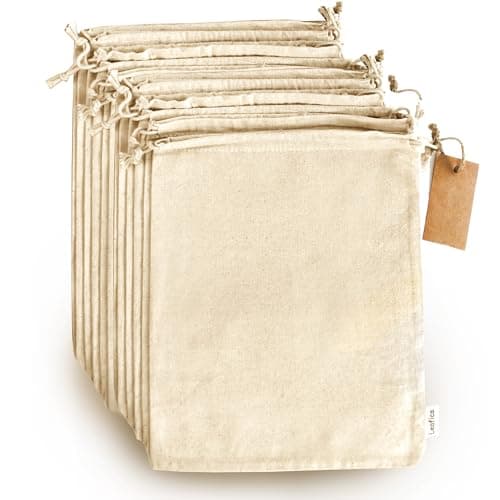 LEAFICO Organic Cotton Produce Bags - Medium 8x10 Inch (12 Bags) - Reusable Muslin Storage Bags with Drawstrings - Biodegradable Canvas Fabric - Perfect for Snacks, Clothes