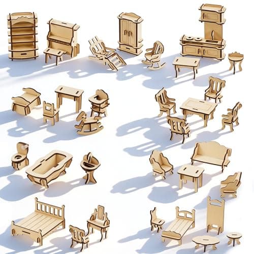 LOVEINUSA DIY Wooden Dollhouse Furniture Set, 3D Puzzle Miniature Room Accessories, Natural Wood