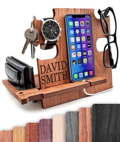 Greta Oto Gifts for Men, Personalized Wood Phone Docking Station for Men,Desktop or Nightstand Organizer for Him, Phone Stand, Best Personalized Gift idea for Anniversary,Birthday,Graduation