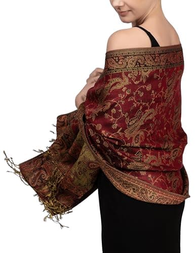 Achillea Soft Silky Reversible Paisley Pashmina Shawl Wrap Scarf w/Fringes (Burgundy)