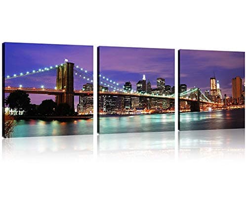 TutuBeer 3 Panels New York Skyline Canvas New York Skyline Picture Brooklyn Bridge Night View Modern Cityscape Artwork Canvas Prints Stretched and Framed for Home Wall Decor,3 Panels/Set