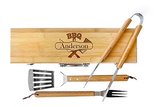 Barbecue Grill Accessories Set with Personalized Wooden BBQ Tools Holder (Knives) for Dad, Husband - Grill Tool Set for Men