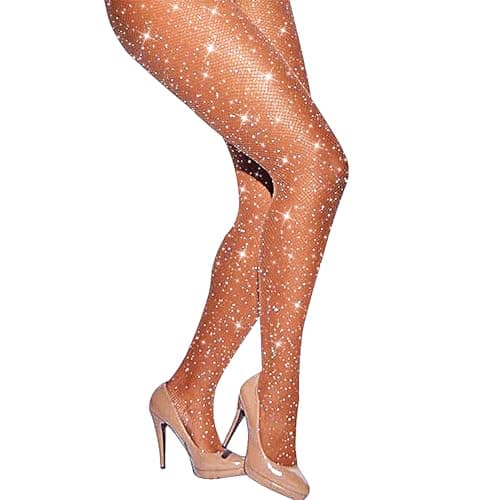 LUCKELF Sexy High Waist Tights Sparkle Rhinestone Fishnets Party Rhinestone Mesh Stockings (Free Size, Natural)