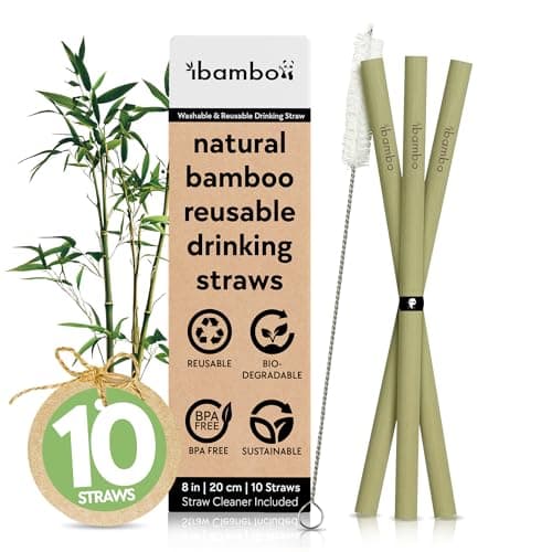 Ibambo 100% Bamboo Straws (10-Pack) - Biodegradable & Compostable 8 Inch Reusable Straws with Cleaner | FSC Certified, Eco Friendly | Hand Wash & Dishwasher Safe | For Hot & Cold Drinks