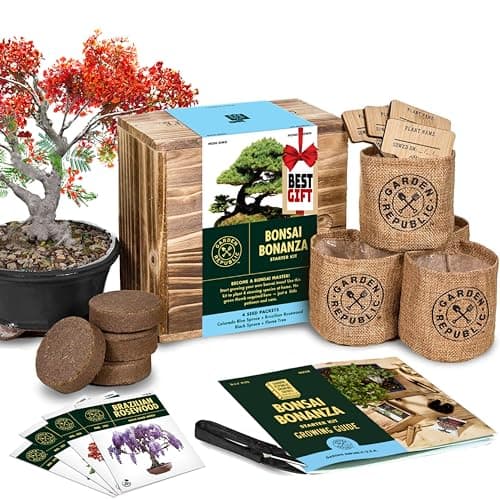 Garden Republic Bonsai Tree Kit - Mini Bonsai Seeds, 4 Types - Seed Starter Plant Growing Kit - Potting Soil Jute Bags Pruning Shears Scissor Tool Plant Markers - Gardening Gifts