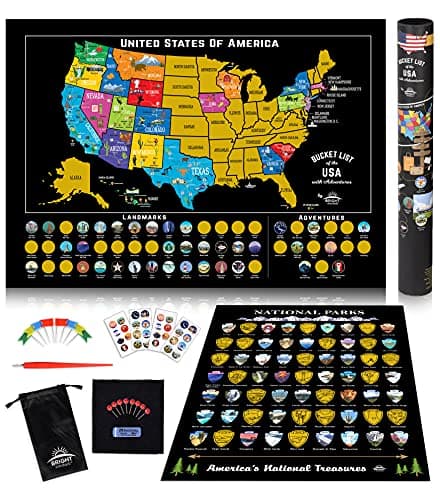 Scratch Off Map of USA + 63 National Parks Bundle (24x17 US Map & 12x16 NP Poster, Black/Gold) - Giftable Travel Tracker Kit with Scratch Pen and Cloth