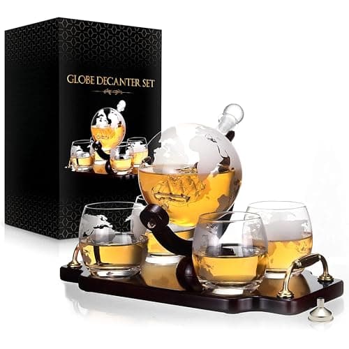 Whiskey Decanter Set for Men - 28oz Globe Decanter with Antique Ship and 4 Etched Glasses - Mahogany Tray with Golden Handles, Glass Stopper and Funnel - Liquor Decanter Gift Set for Whisky Lovers