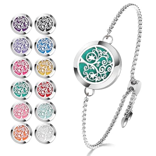 ttstar Essential Oil Diffuser Bracelet Stainless Steel Aromatherapy Locket Adjustable Diffuser Bracelet with 24pcs Refill Pads in 12 Assorted Colors Gift Set for Women(Tree of Hope)
