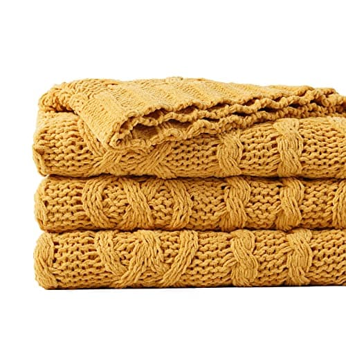Battilo Mustard Yellow Throw Blanket 51"x67" Chenille Knitted Throw Blanket for Couch, Gold Throw Blankets for Home Decor, Summer Fall Decor Blanket