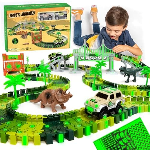 JITTERYGIT Dinosaur Jurassic Race Track Train Glow in The Dark World Toy Set, Kids Dino Racetrack Park Includes T-Rex & Triceratops Playset - Best Birthday Gift for Boys & Girls 3 4 5 6 7 8 Year Old