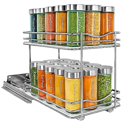 LYNK PROFESSIONAL® Pull Out Spice Rack Organizer for Inside Kitchen Cabinets - 6-3/8 inch Wide - Slide Out Drawer – Chrome Sliding Spice Cabinet Organization Shelf Racks - 2 Tier