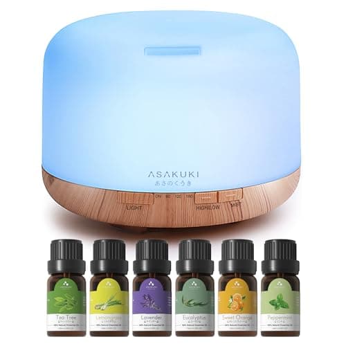 ASAKUKI Oil Diffuser with Essential Oils Set, 500ml Aromatherapy Humidifier with 14 LED Colors & Auto Shut-Off - 6 Oil Gift Pack(Lavender Eucalyptus Tea Tree Orange Peppermint Lemongrass)