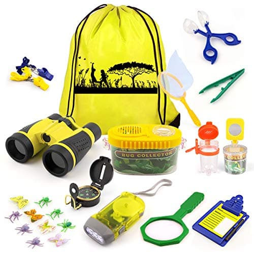 24 Pcs Kids Explorer Kit & Bug Catcher Kit for Kids, Outdoor Toys Adventure Camping Kit with Drawstring Bag, Binoculars, Compass, Butterfly Net, Educational Nature Exploration Toys Gift for Boys Girls