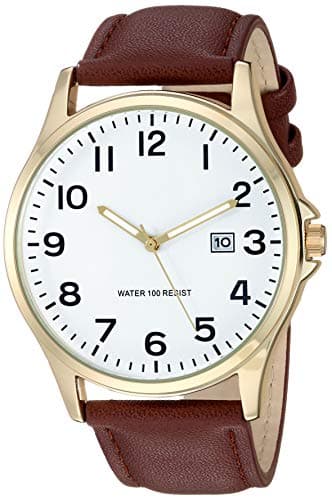 Amazon Essentials Men's Easy to Read Strap Watch, Gold-Tone and Brown Strap