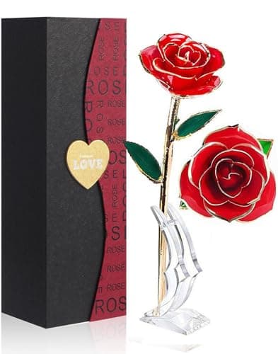 Gold Dipped Rose 24k Red Gold Plated Rose - Everlasting Long Stem Real Rose Exquisite Holder, Romantic Gift for Valentine's and Mother's Day, Gfts for Her Anniversary
