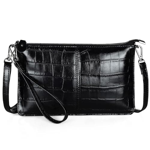 befen Black Leather Chic Crocodile Alligator Wristlet Clutch Wallet Purse Small Fashion Crossbody Bag for Women with RFID Card Slots