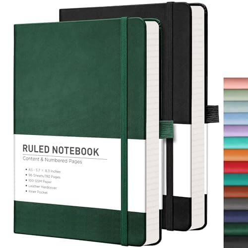 RETTACY Lined Journal Notebook, 2-Pack, 192 Numbered Pages per Pack, A5 Medium Size (5.7'' x 8.3''), for Men & Women, Writing, Work, Leather Hardcover, 100 GSM Thick Paper (Black & Dark Green)