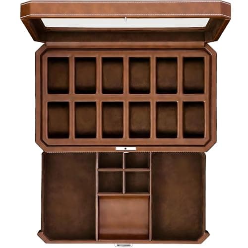 ROTHWELL 12 Slot Leather Watch Box with Valet Drawer - 12 Slot Luxury Watch Case Display Organizer, Microsuede Liner, Mens Accessories Holder, Jewelry Case, Jewelry Display Organizer (Tan/Brown)