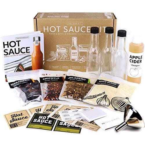 Unique Gift for Men, Deluxe Hot Sauce Making Kit, 3 Varieties of Chili Peppers, Gourmet Spice Blend, 3 Bottles, 16 Fun Labels, Make your own sauce, Nice Gift For Dad, Brother, Uncle, Guys. (Deluxe Kit)