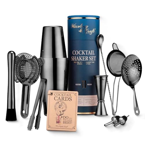 Mixology & Craft Cocktail Shaker Set - 11-Piece Bar Accessories Kit w/Weighted Boston Shaker, Strainer, Jigger, Muddler and More - Home Bartending Tools, Accessories for Bartender, Black
