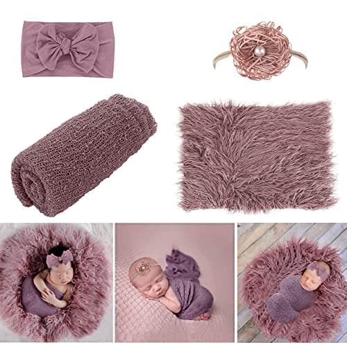 AOKE Newborn Photography Props - 4 PCS Baby Photo Props Long Ripple Wraps,DIY Fur Blanket,Headbands,Purple Toddler Wraps Mat Photoshoot Props Set Suitable for Infant Boys Girls(0-6 Months)