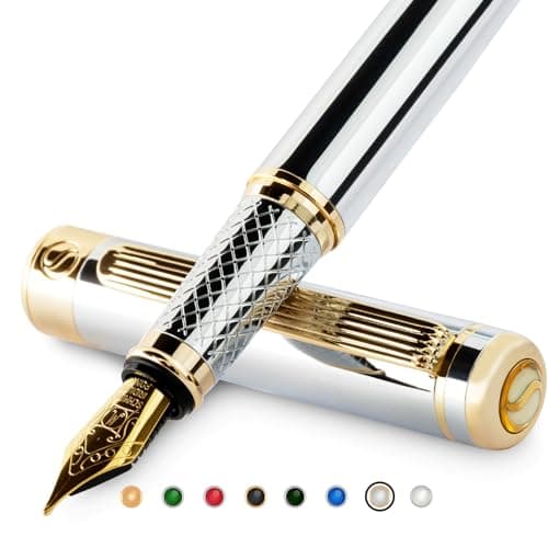 Scriveiner Silver Chrome Fountain Pen - Stunning Luxury Pen, Real Gold Finish Schmidt Gilded Nib (Medium), Best Pen Gift Set for Men & Women, Professional, Executive Office, Nice Pens