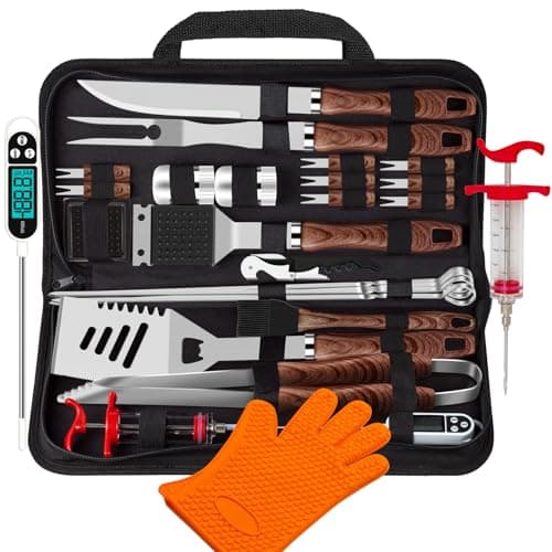 ROMANTICIST 26pcs Grilling Accessories Kit for Men, Stainless Steel Heavy Duty BBQ Tools with Glove and Corkscrew, Grill Utensils Set in Portable Canvas Bag for Outdoor,Camping,Backyard,Brown