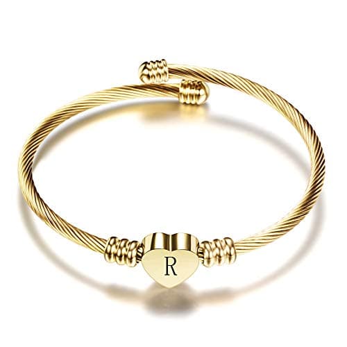 VQYSKO Silver Heart Initials Bracelet-A-Z Stainless Steel Engraved Charm Bracelet, Woman Jewelry Birthday Festival Gift (Gold R)