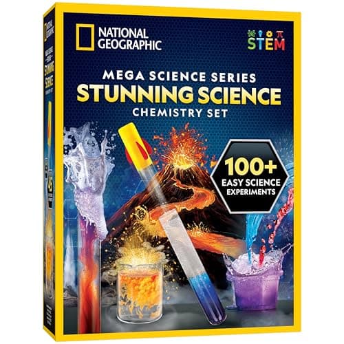 National Geographic Stunning Chemistry Set - Mega Science Kit with 45 Easy Experiments- Make a Volcano and Launch a Rocket, STEM Projects for Kids Ages 8-12, Science Toys (Amazon Exclusive)
