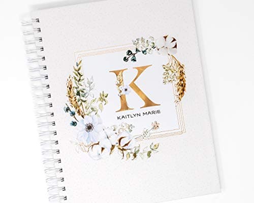 Personalized Baby Memory Book - Hardcover First Year Album Customized with Baby’s Name & Initial - Prompted Baby Journal (Boho Floral Initial)