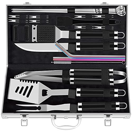 ROMANTICIST 25pcs Extra Thick BBQ Grill Accessories, Fathers Day Grilling Gifts Set for Men Dad, Heavy Duty Grill Tools Utensils Kit with Spatula, Tongs in Aluminum Case for Birthday Black