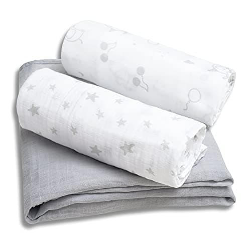 david's kids 3 Pack Baby Muslin Swaddle Blankets, 100% Cotton and Ultra Soft Breathable Receiving Blanket Wrap for Boys Girls, New Born Essentials, Large 47 x 47 inches, Grey/Elephant/Stars