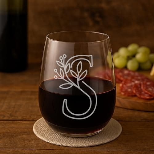 On The Rox Drinks Monogrammed Gifts For Women and Men - Letter A-Z Initial Engraved Monogram Stemless Wine Glass - 17 Oz Personalized Wine Gifts For Women and Men (S)