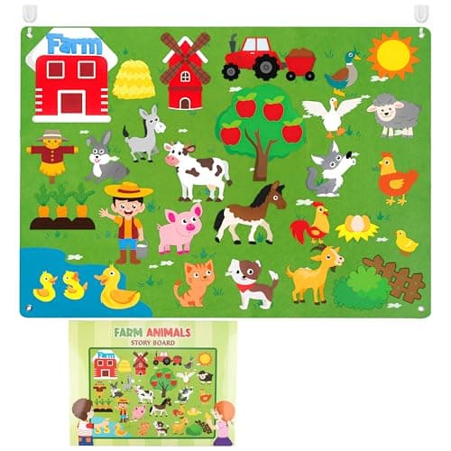 WATINC Farm Animals Felt Story Board Set 3.5Ft 38Pcs Preschool Farmhouse Themed Storytelling Flannel Barnyard Domestic Livestock Early Learning Interactive Play Kit Wall Hanging Gift for Kids