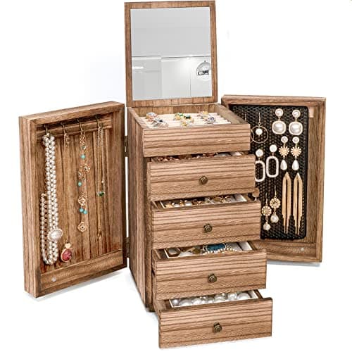 Meangood Jewelry Box Wood for Women, 5-Layer Large Organizer Box with Mirror & 4 Drawers for Rings, Earrings, Necklaces, Vintage Style, Torched Wood