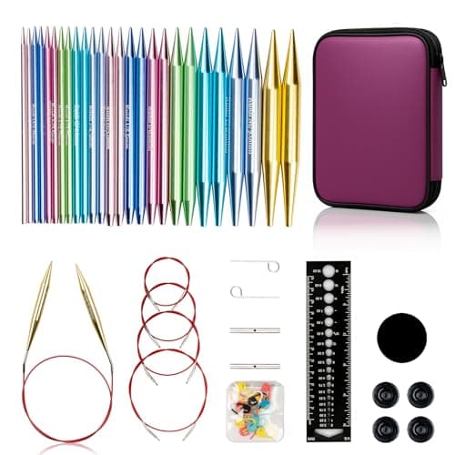 Ruidi Interchangeable Aluminum Circular Knitting Needles Set - 13 Pairs of 4 Inch (10cm) Needles with 4 Cables, Needle Holders & Leather Bag - Perfect for Smooth Knitting & Versatile Projects