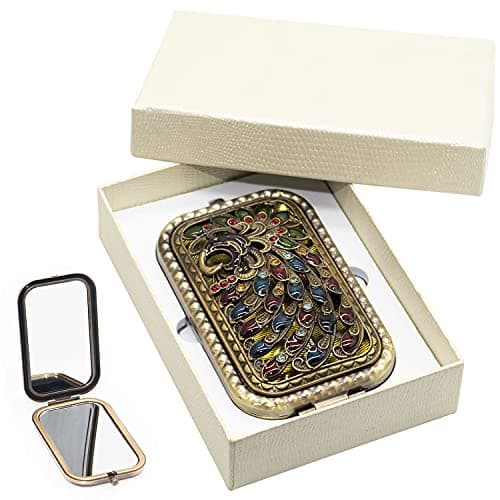 Warmtree Vintage Makeup Mirror Metal Portable Foldable Mirror Peacock Vanity Mirror Double Sided Compact Cosmetic Mirror Travel Mirror (B)
