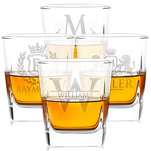 Amazing Items Set of 4 - Personalized Whiskey Glasses w/Name & Initial - 9 Designs - 9 oz, Limited Edition Monogrammed Rocks Glasses for Men, Dad Gifts