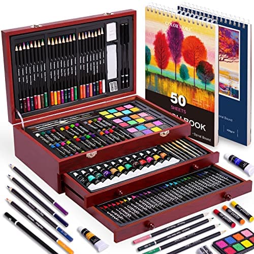 Color More 175 Piece Deluxe Art Set with 2 Drawing Pads, Acrylic Paints, Crayons, Colored Pencils, Paint Set in Wooden Case, Professional Art Kit, Art Supplies for Adults, Teens and Artist, WoodMuse Plus