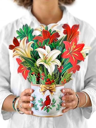 Freshcut Paper Pop Up Cards, Winter Joy, 12 Inch Life Sized Forever Flower Bouquet 3D Popup Greeting Card, Christmas Cards, Holiday Card, Blank Notecard & Envelope